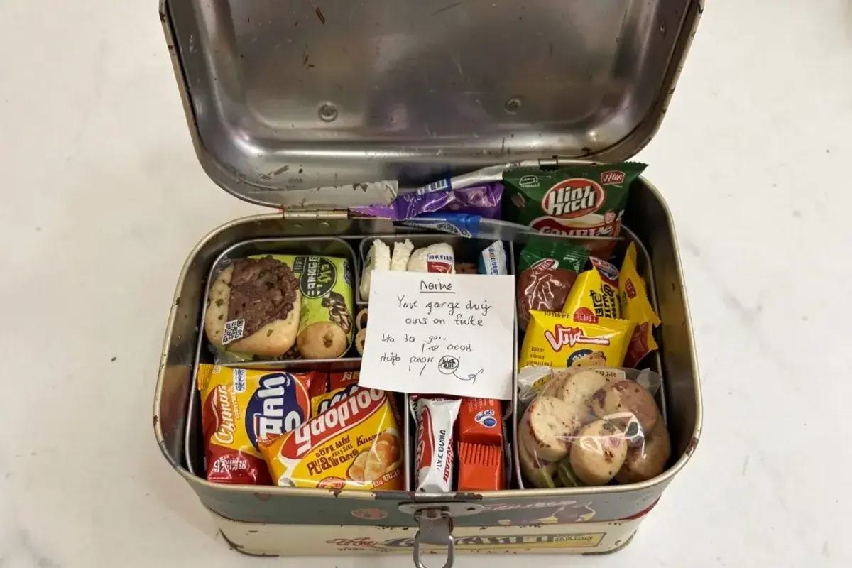 School lunchbox with sandwiches and a note from a parent