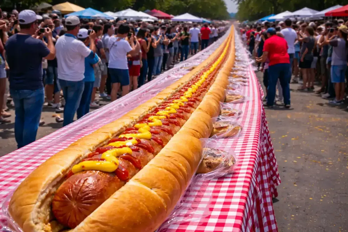 Record breaking hot dog stretching across a long table