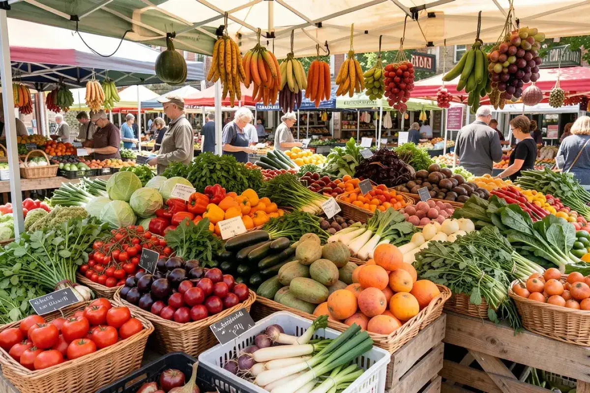 Seasonal vegetables displayed at a local farmers market stall