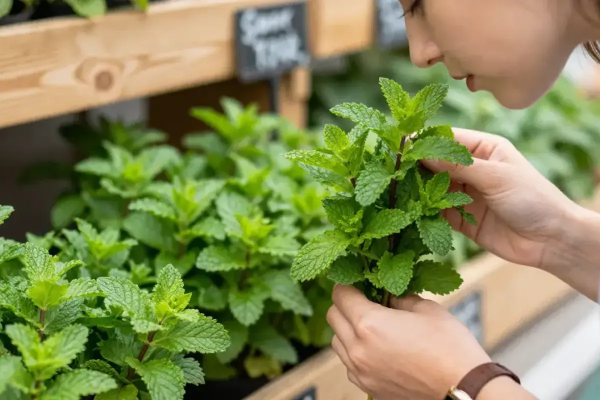 Smelling fresh herbs to check quality