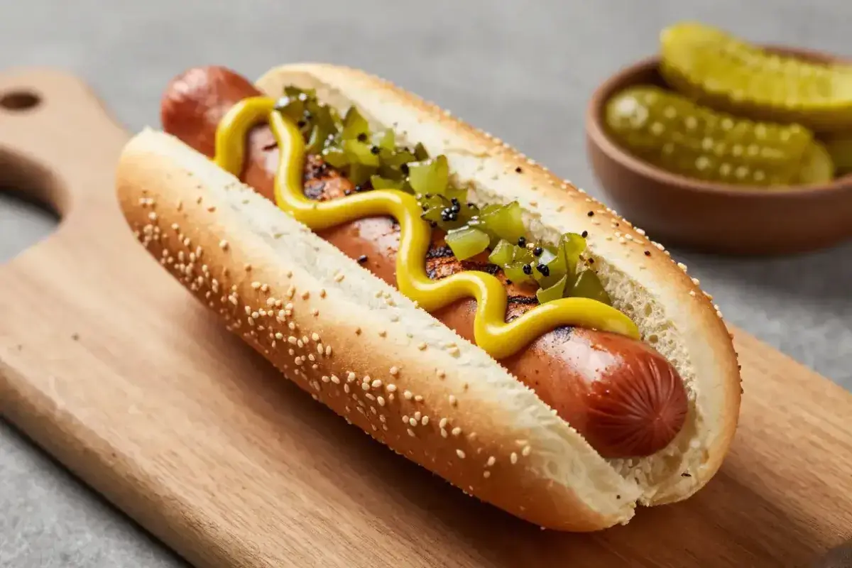  Traditional hot dog topped with bright yellow mustard