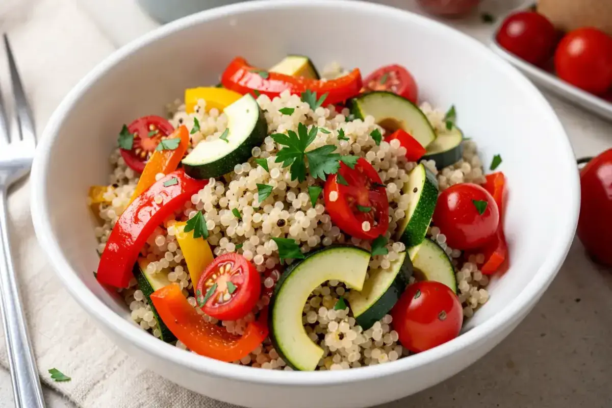 bowl of cooked quinoa with vegetables