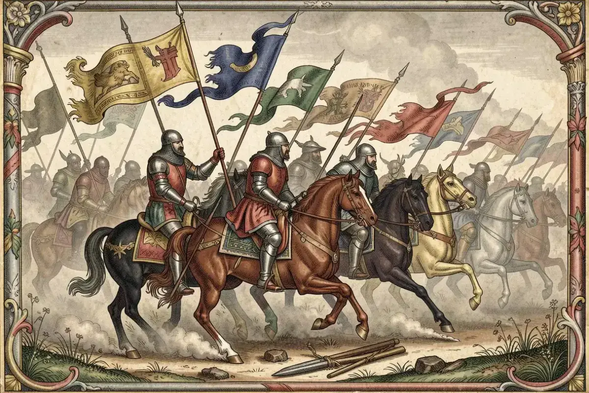 medieval illustration of knights on horseback