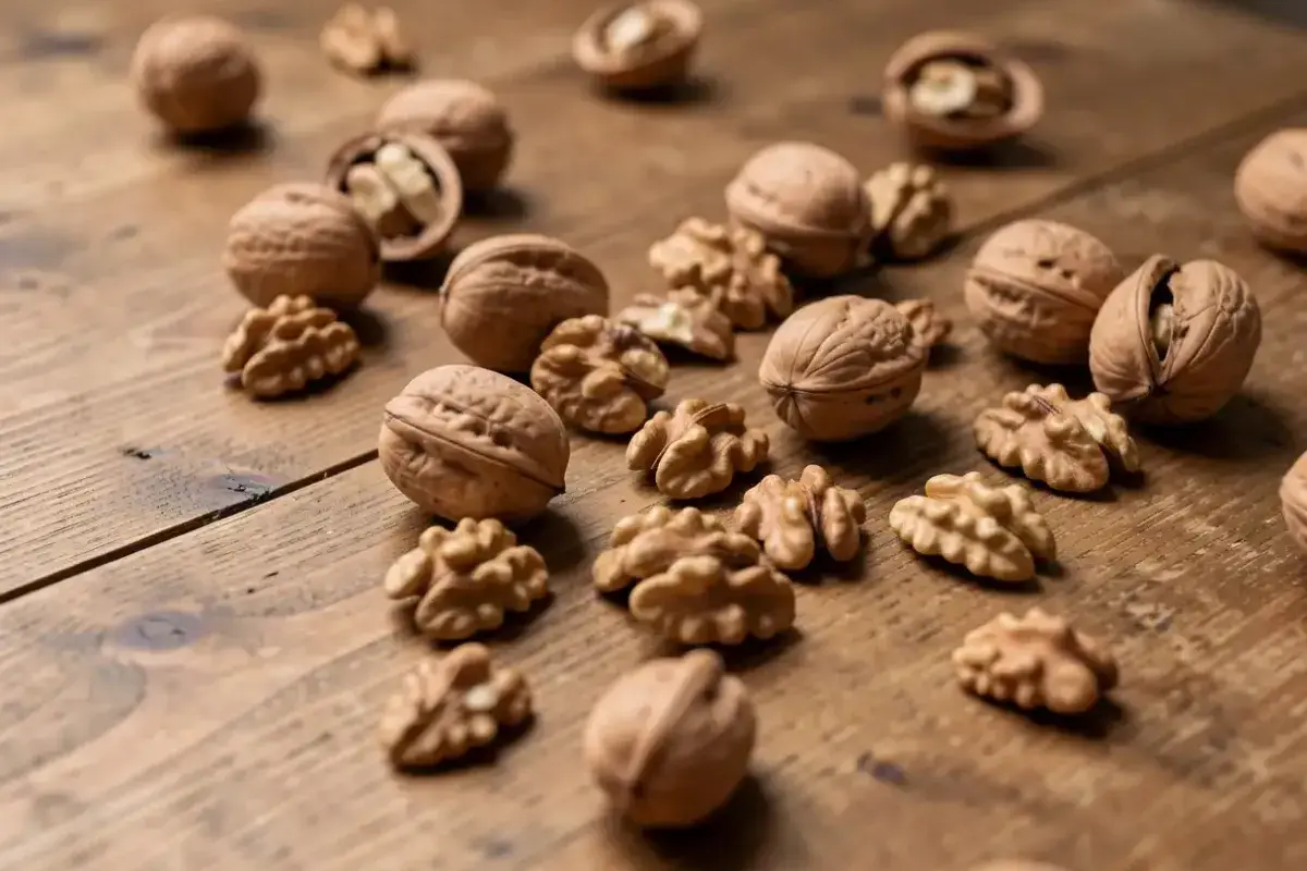 walnuts scattered on wooden table