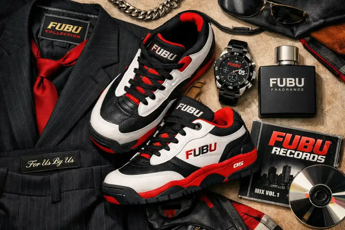 diverse FUBU products including a suit, sneakers, a watch, a fragrance, and a music CD.