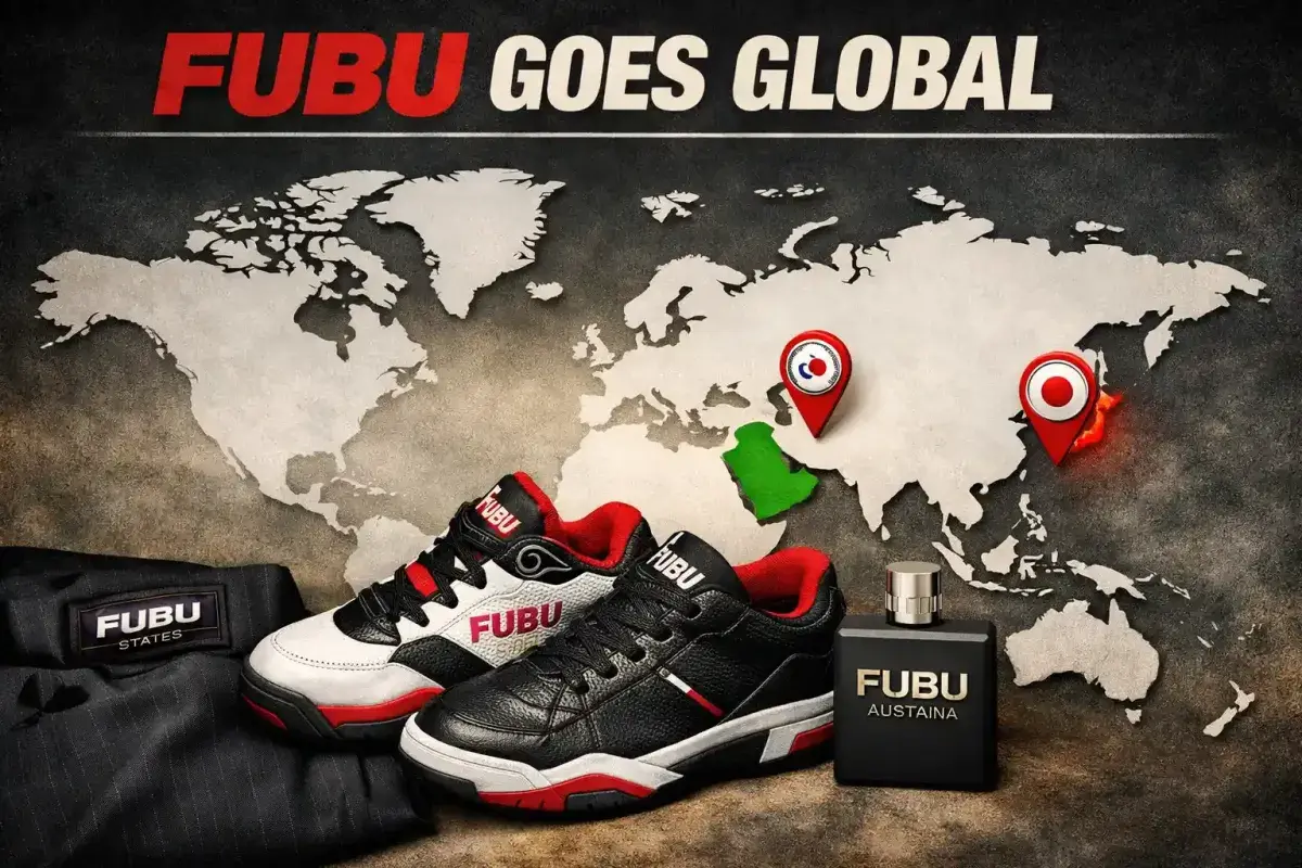  A world map with the United States faded and Asian and Middle Eastern countries highlighted, showing FUBU's international market focus