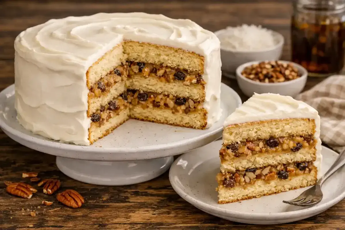 Traditional Lane cake with multiple layers and rich filling