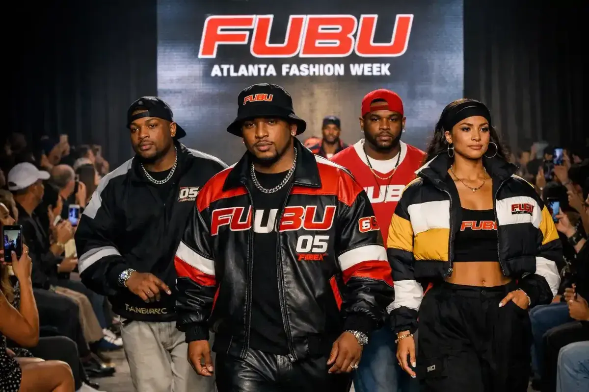 A runway model wearing modern FUBU clothing at Atlanta Fashion Week 2024, representing the brand's comeback.