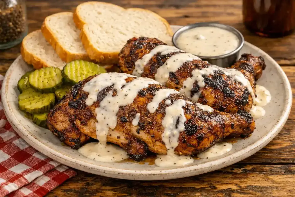 Alabama white sauce barbecue chicken served with classic sides