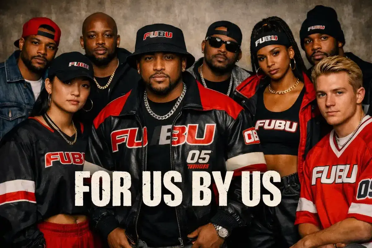A diverse group of people wearing FUBU clothing standing together with the For Us By Us slogan