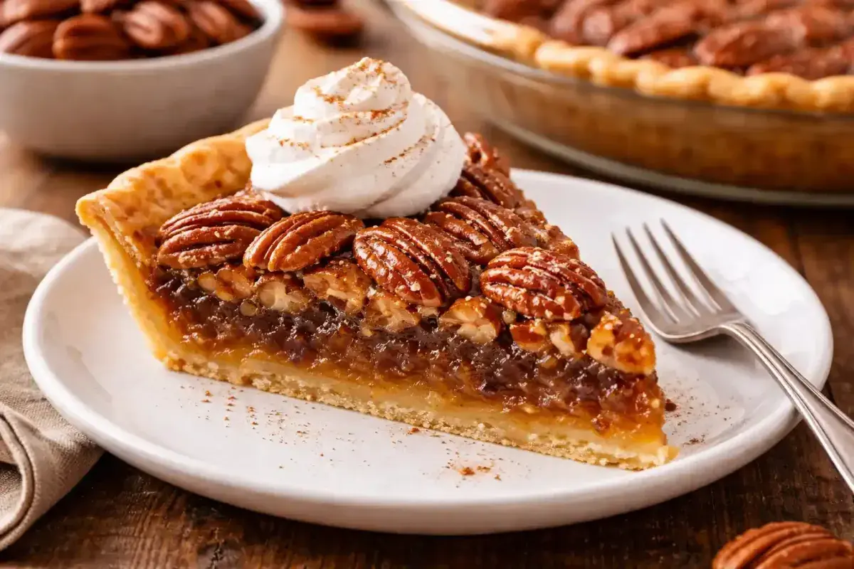 Traditional pecan pie slice with rich filling and crunchy pecans