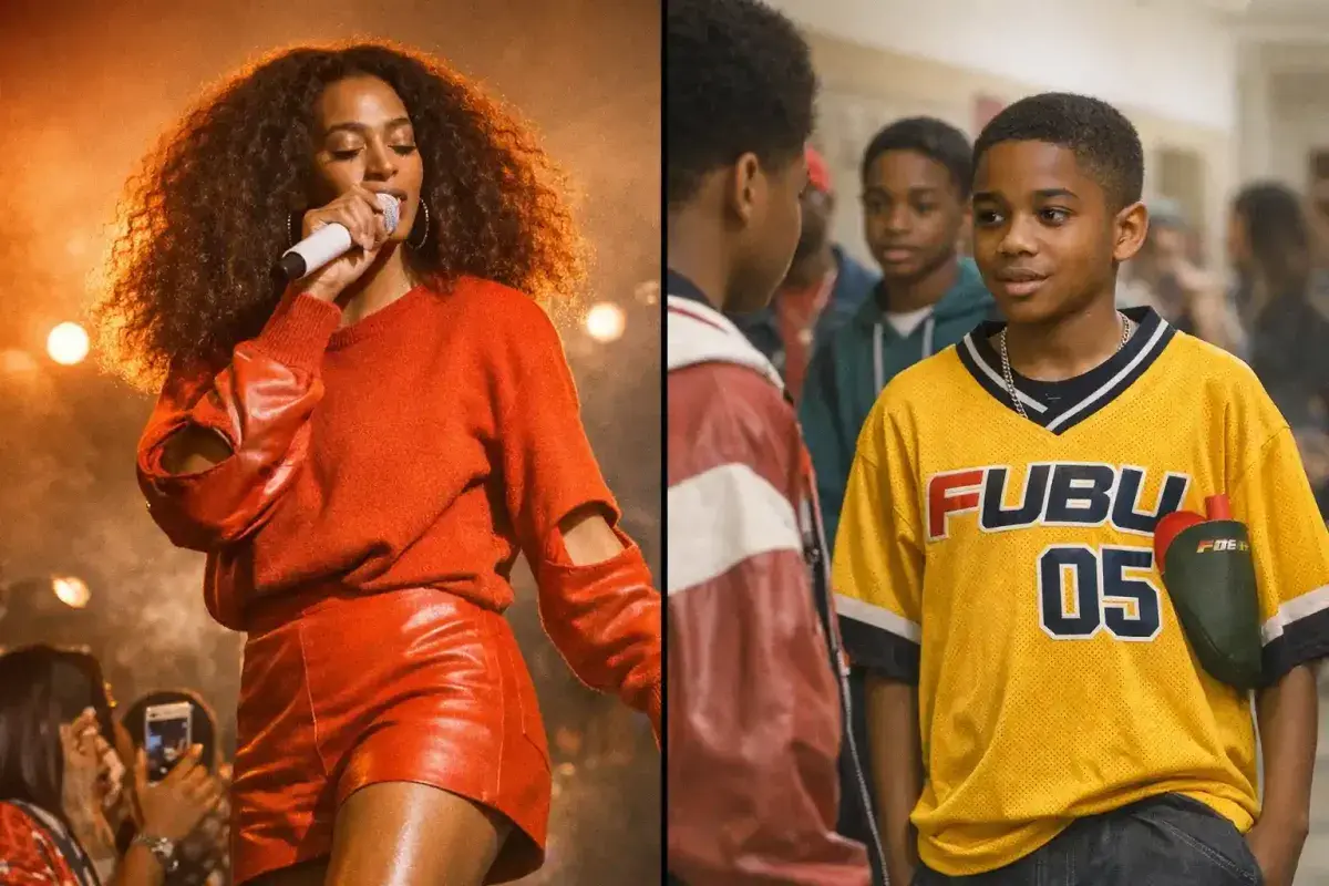 Split image showing Solange performing and a scene from the TV show Atlanta featuring the yellow FUBU jersey.