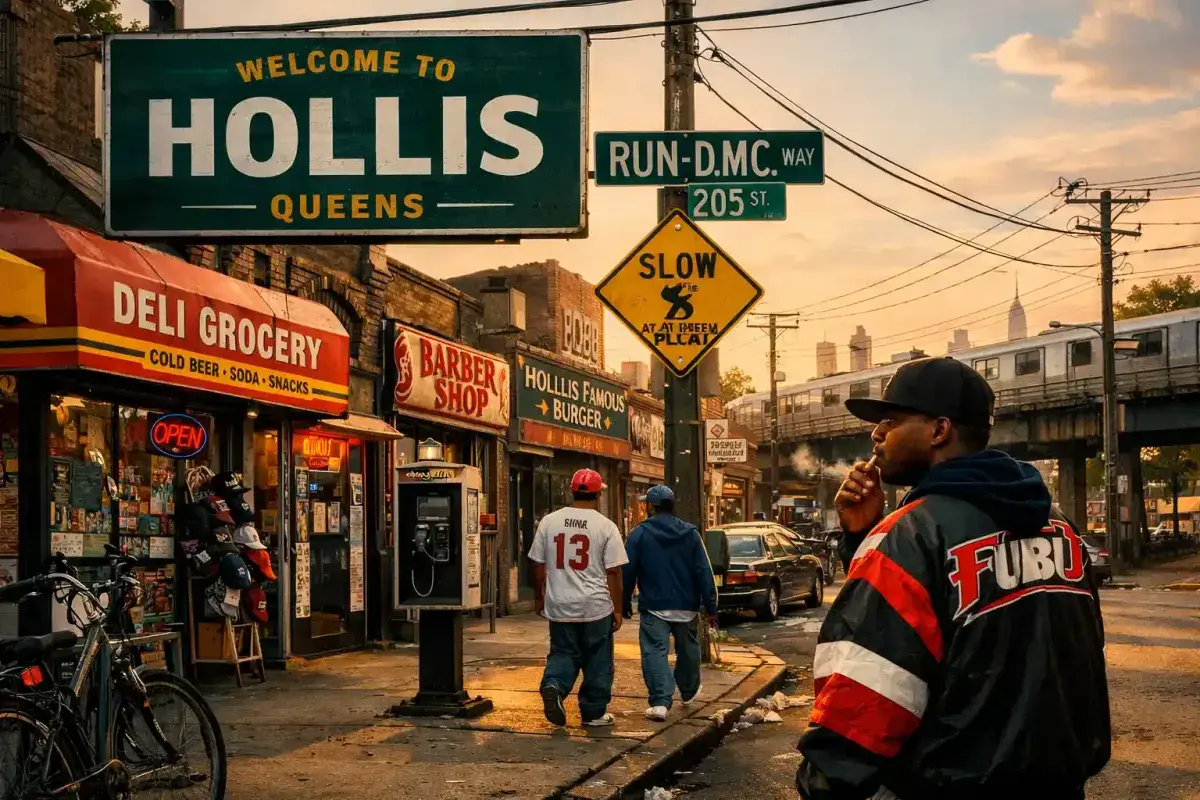 A street scene in Hollis, Queens, evoking the neighborhood where FUBU was founded and first sold in the early days