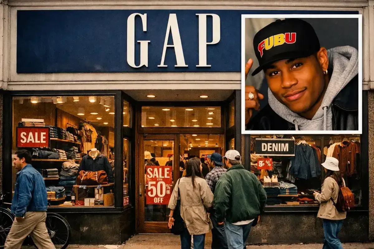 A 1990s Gap storefront with LL Cool J wearing a FUBU hat, representing the famous commercial controversy