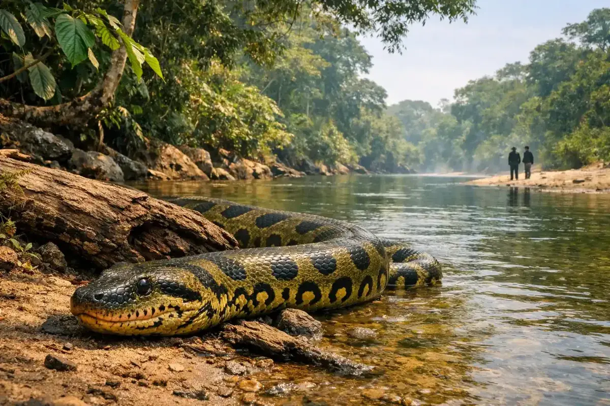 Wild anaconda resting peacefully away from people