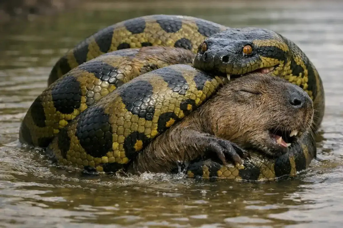 Powerful anaconda demonstrating constriction hunting technique