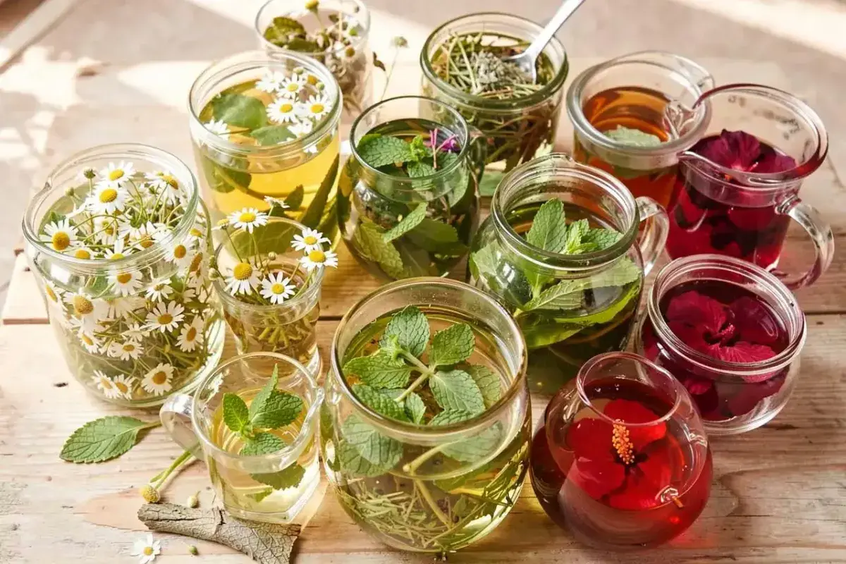 Assorted herbal infusions including chamomile peppermint and hibiscus