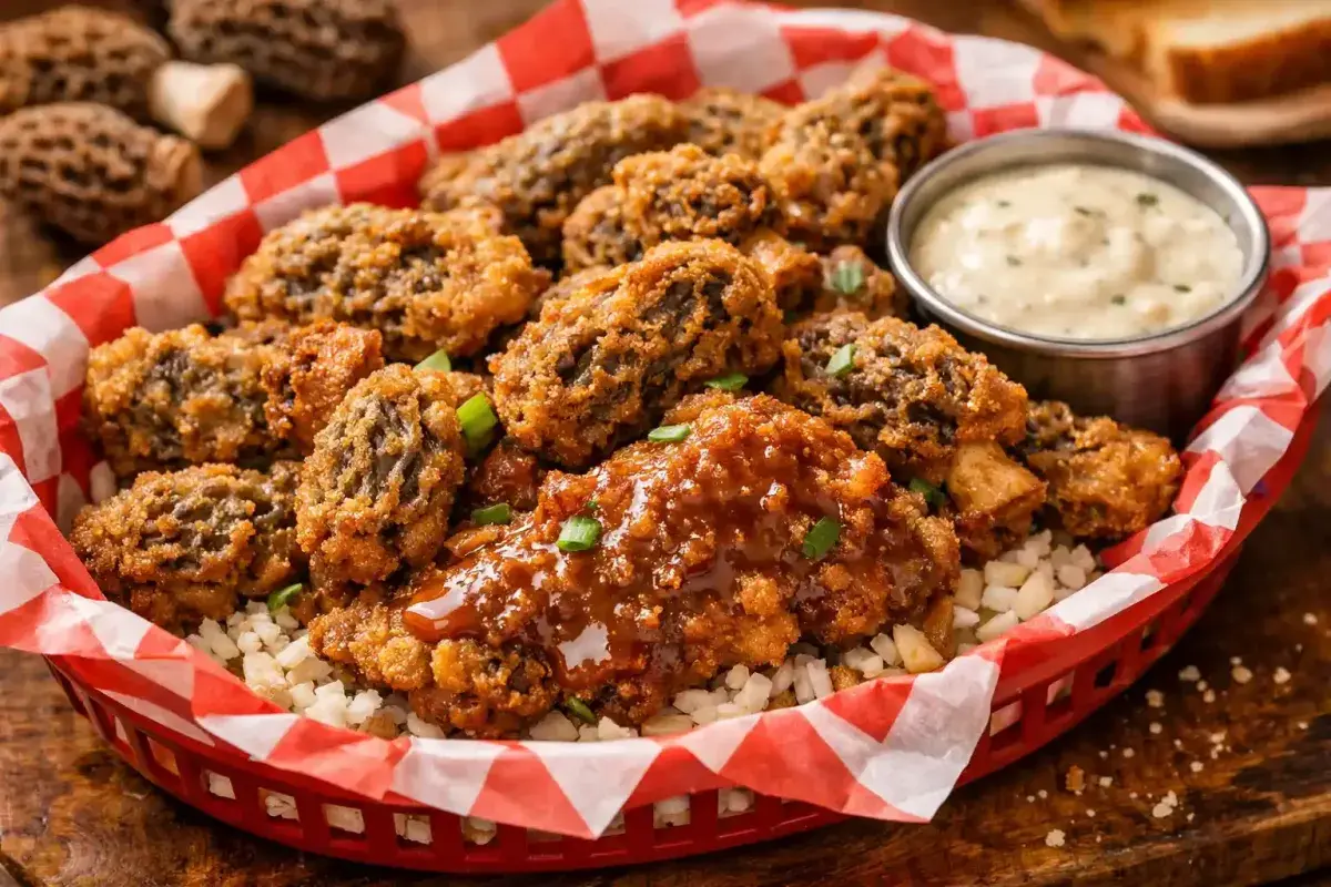 Golden fried morel mushrooms with crispy coating