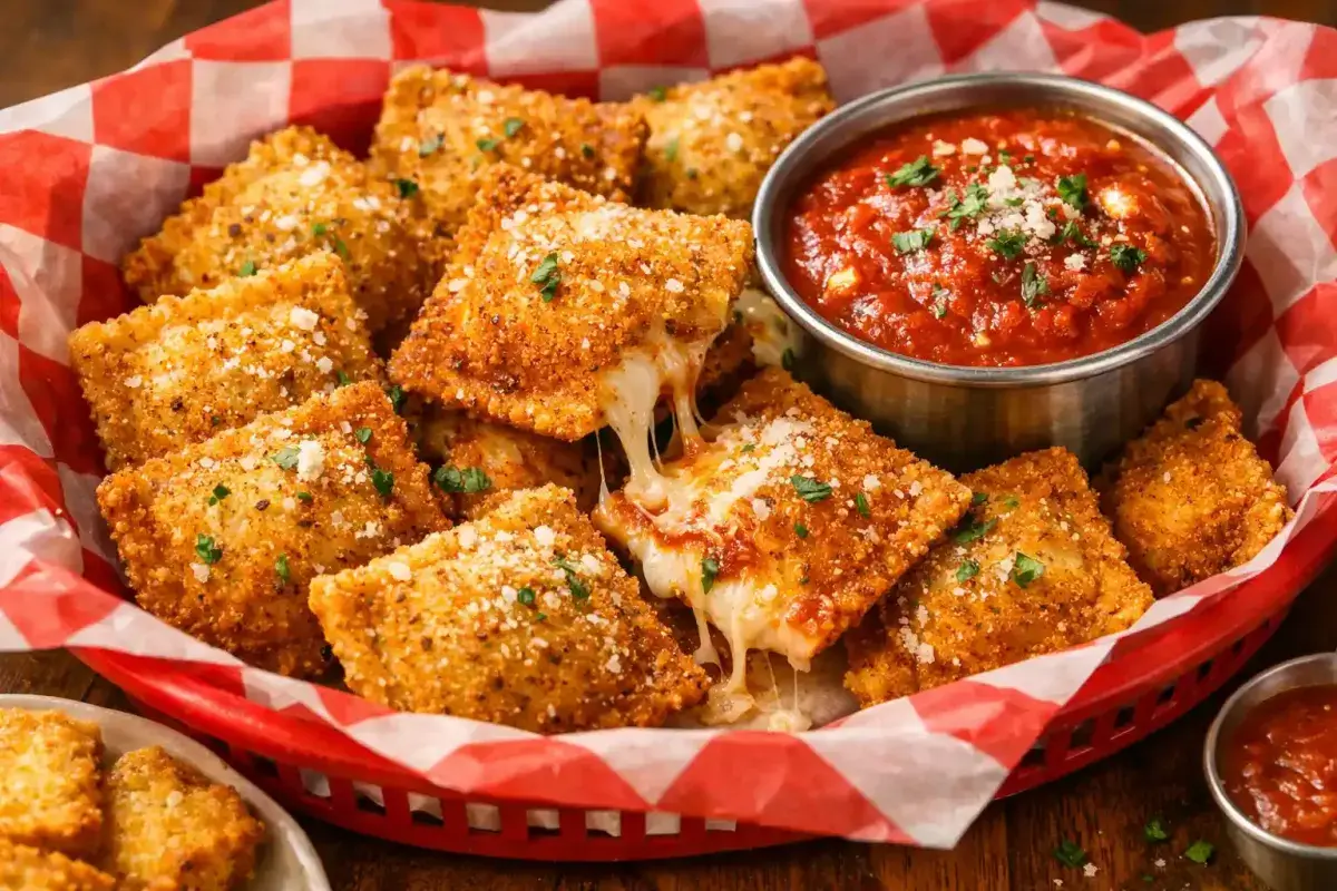 Crispy toasted ravioli served with dipping sauce