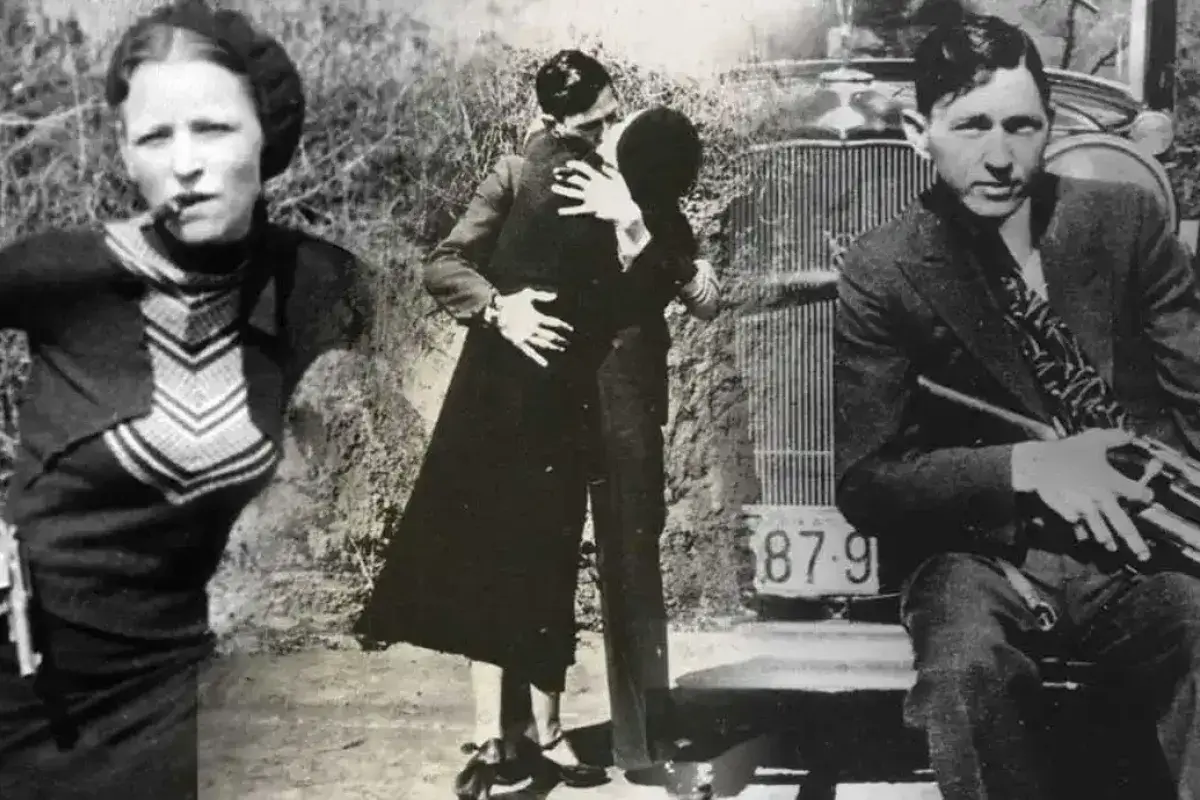 Bonnie Parker and Clyde Barrow posing with weapons during the 1930s crime spree
