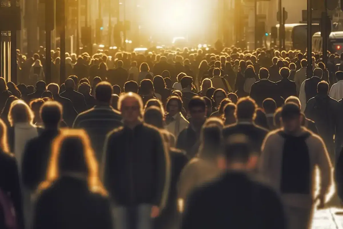 Crowded urban street showing fast-paced American life