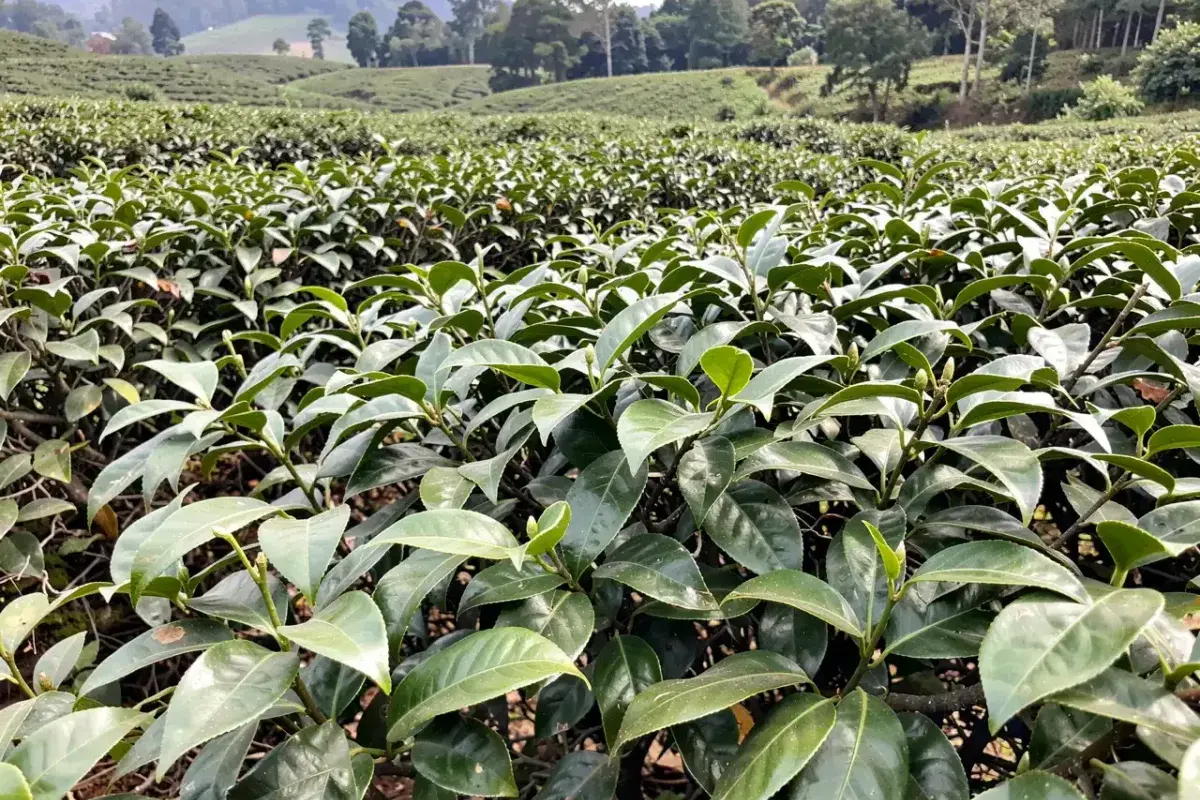 Camellia sinensis plant leaves growing in tea plantation