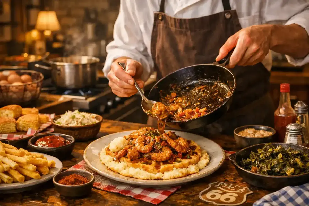 Chef preparing traditional regional American dish in a cozy kitchen