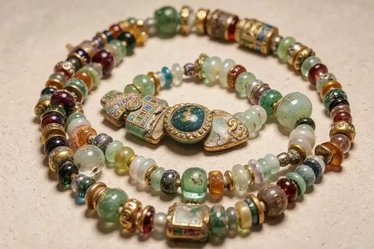Colorful ancient Egyptian glass beads and ornaments