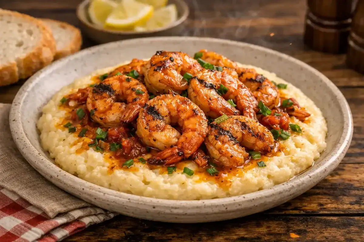 Gulf shrimp served over creamy grits with a rich sauce
