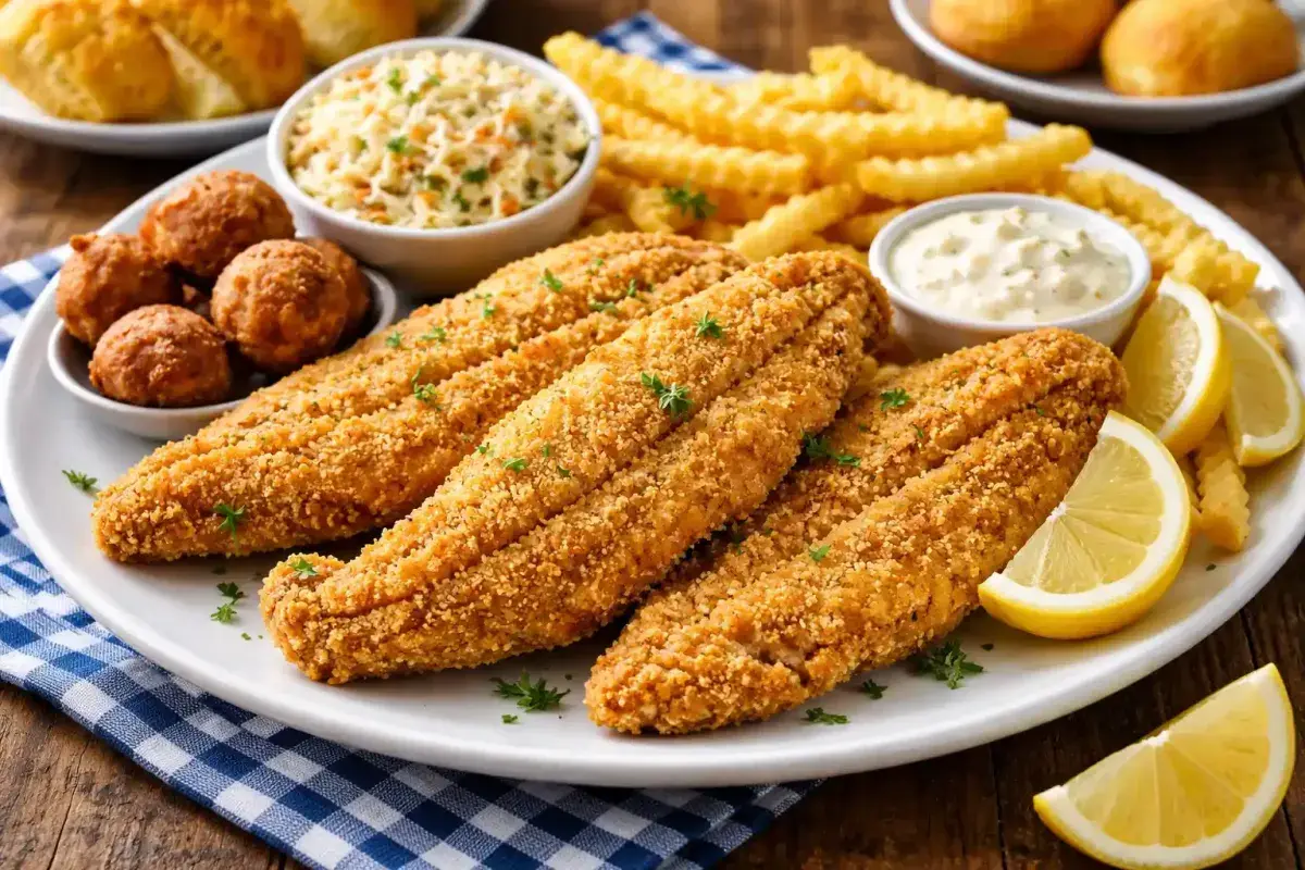 Golden fried catfish with a crunchy coating and side dishes