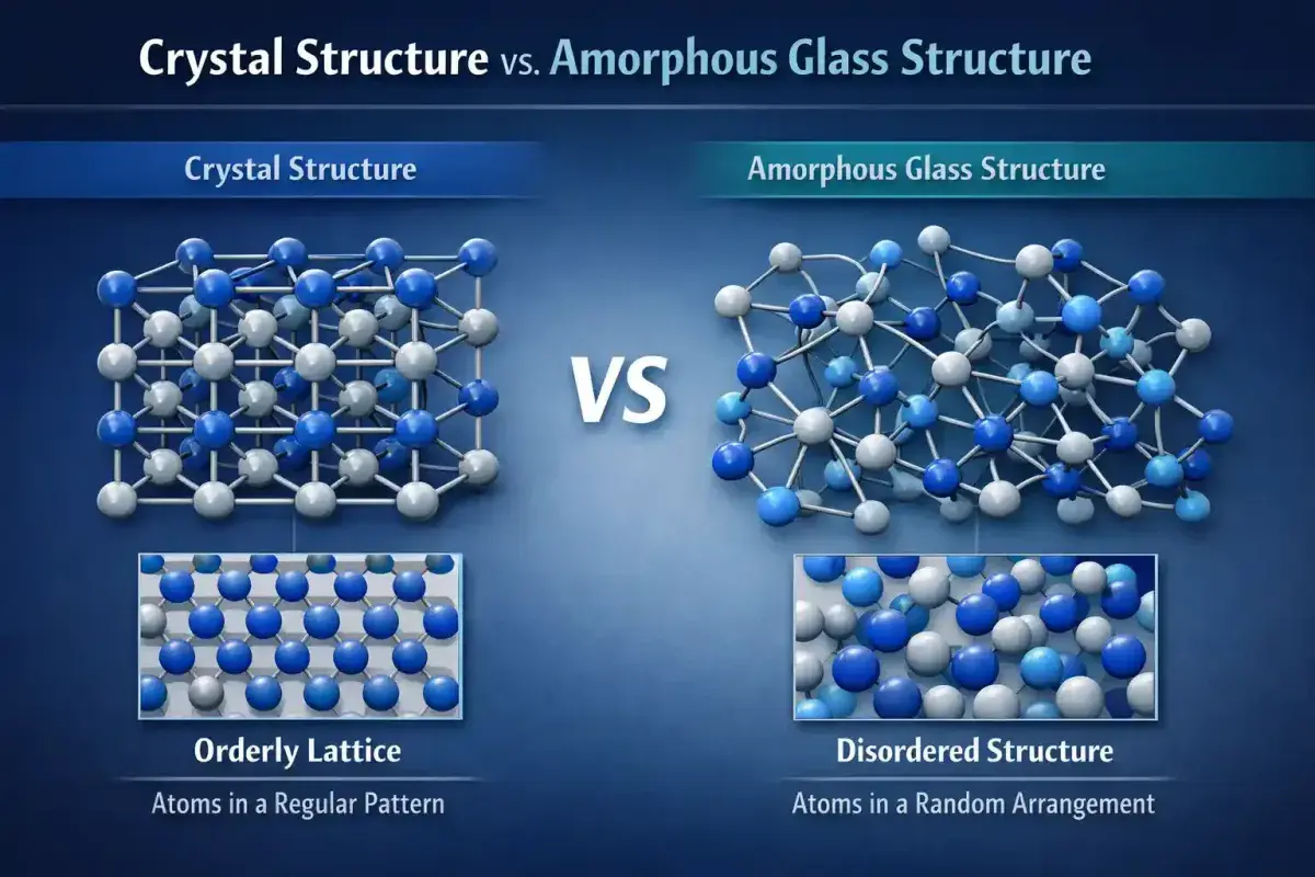 Diagram showing the difference between crystal lattice and amorphous glass structure