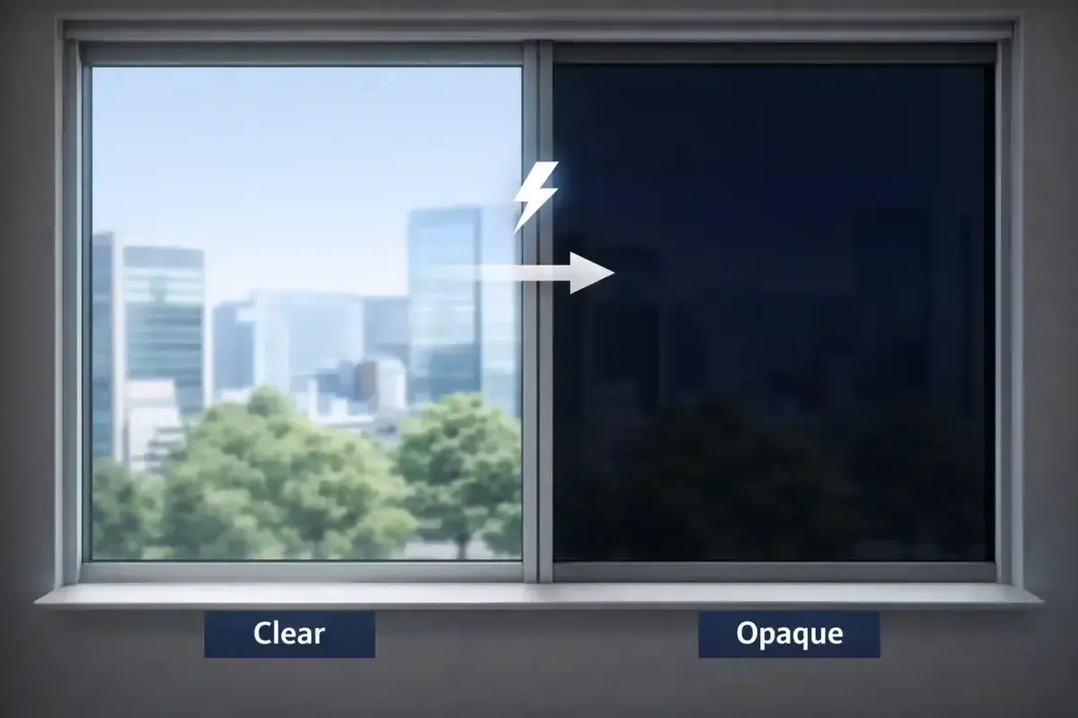 Electrochromic smart glass window changing transparency