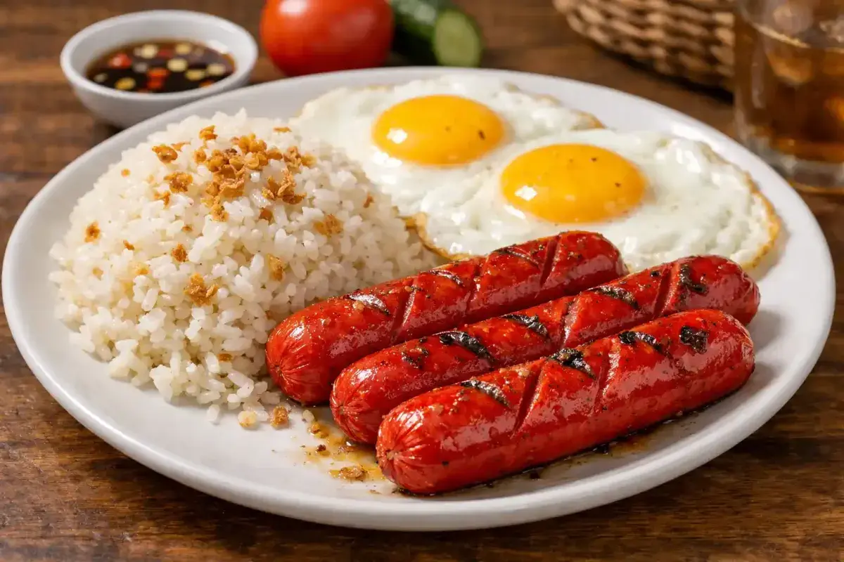 Filipino breakfast with red hot dogs and rice