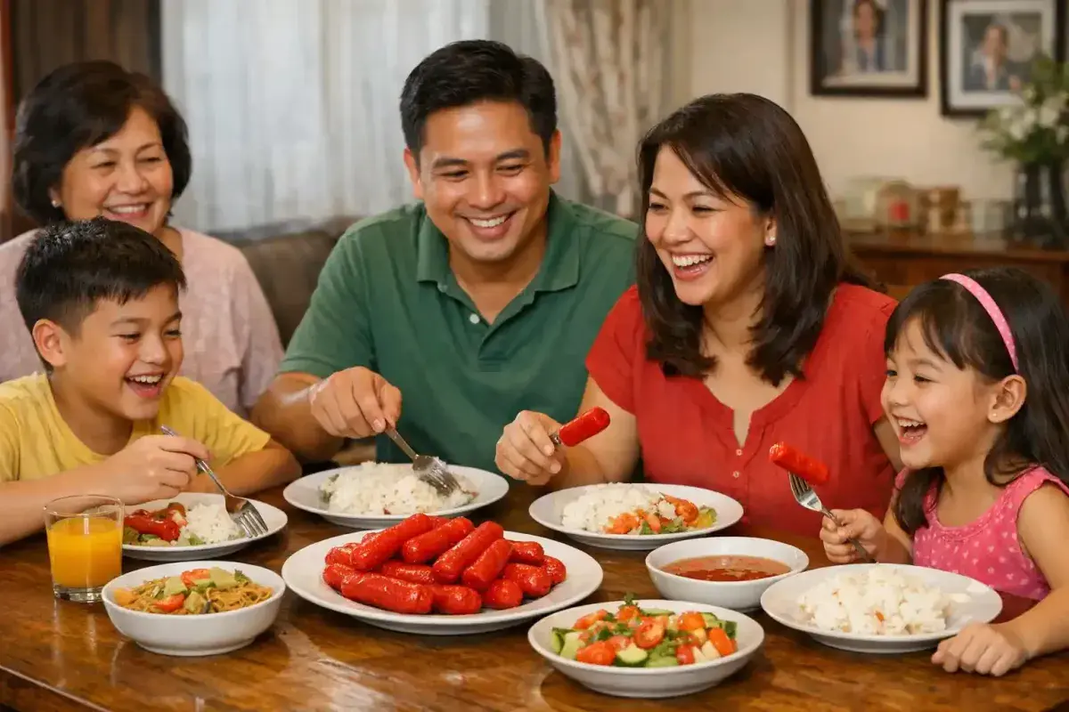  Filipino family enjoying meal with red hot dogs