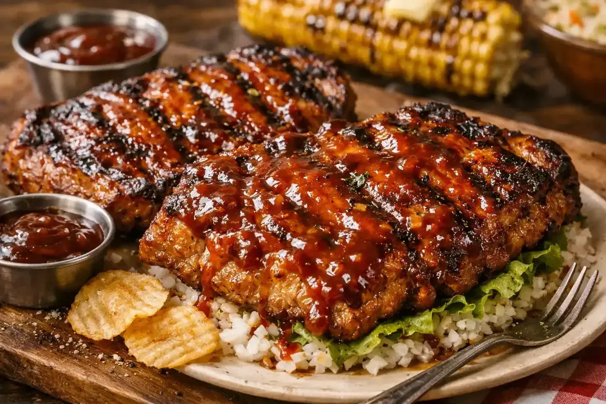 Pork steaks cooking on a grill with smoky flavor
