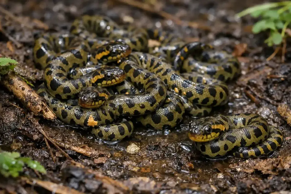 Newly born baby anacondas clustered together