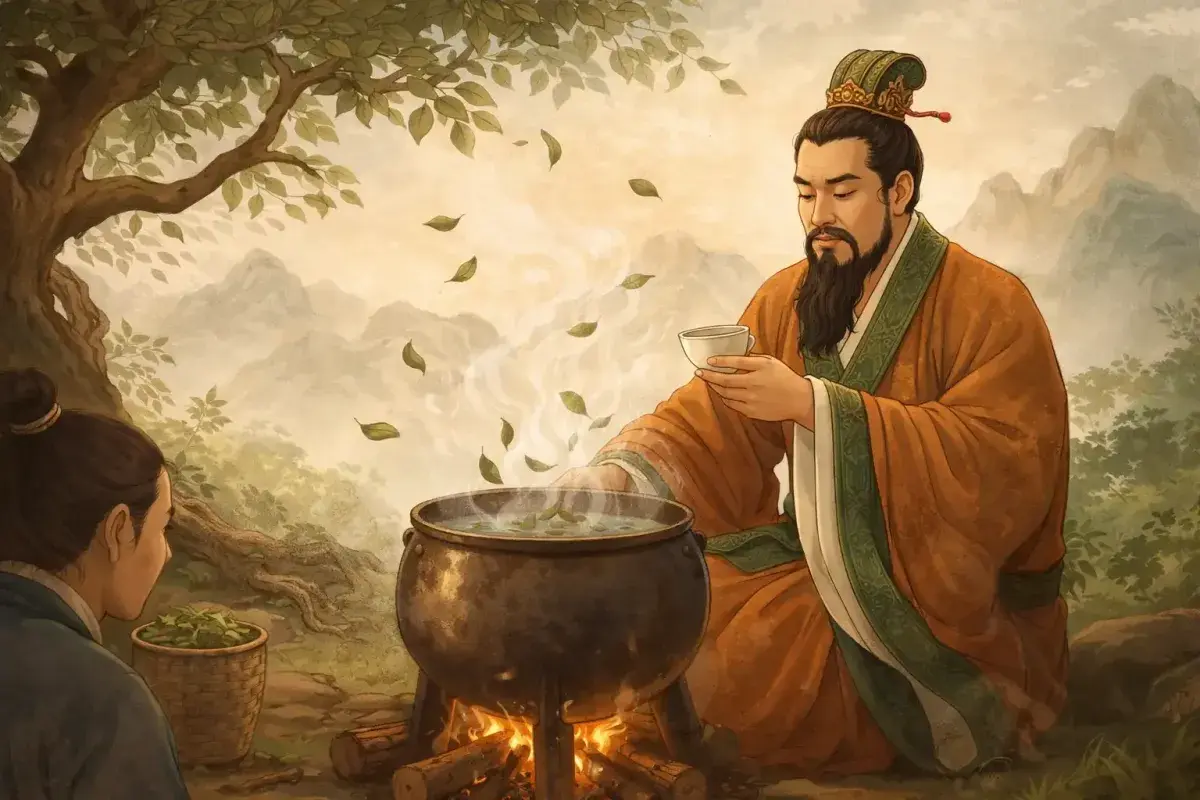 Illustration of Emperor Shen Nong discovering tea