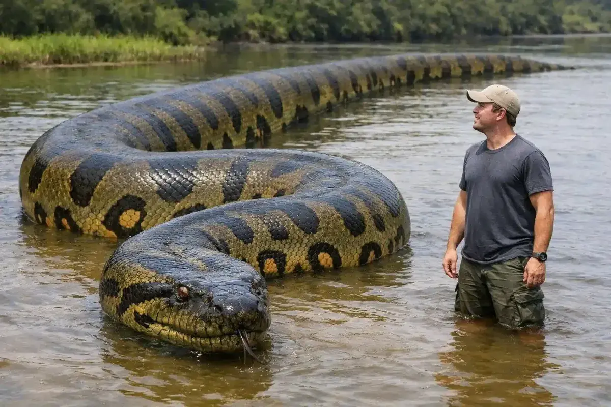 Giant anaconda showing extreme body thickness next to human