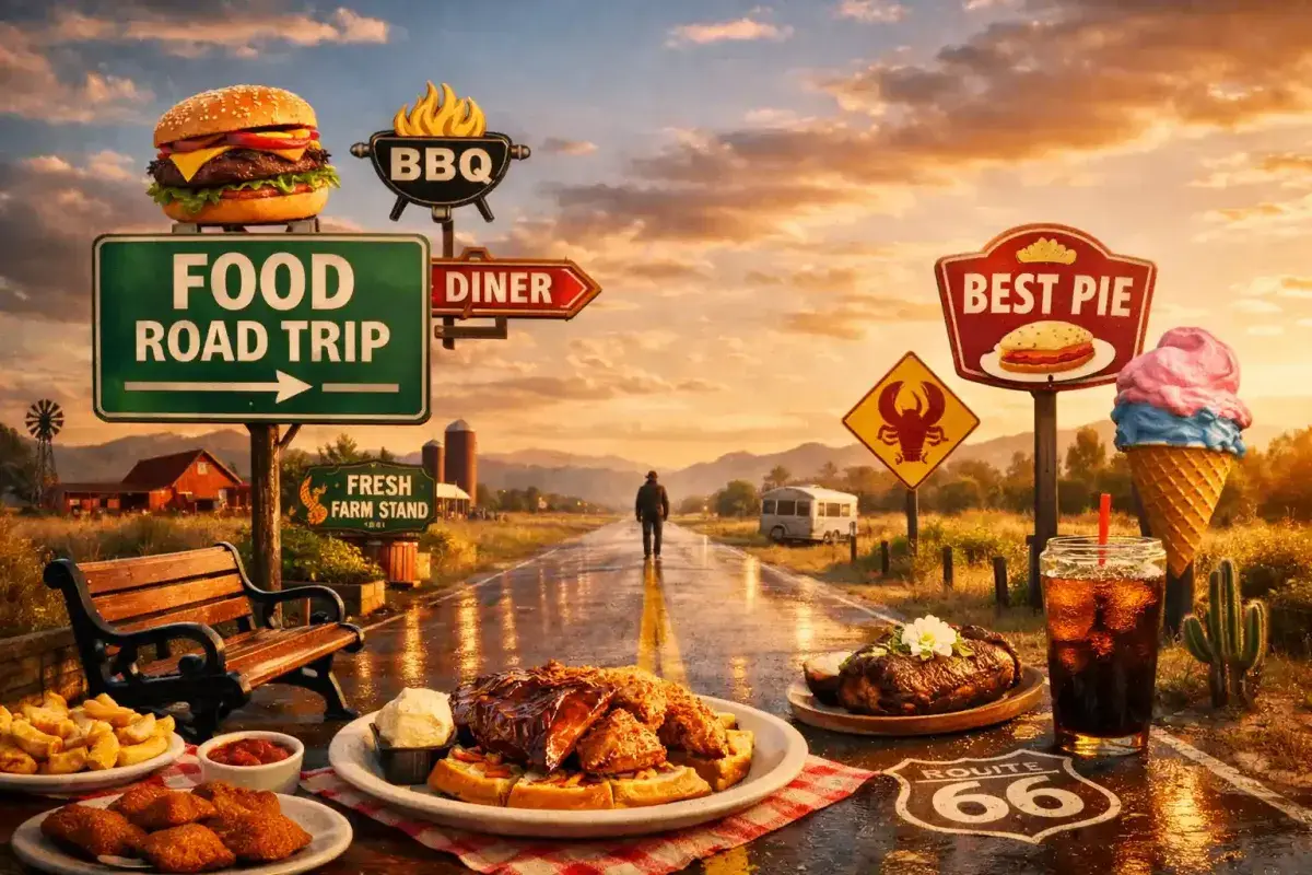 Open road in the United States representing a food travel journey