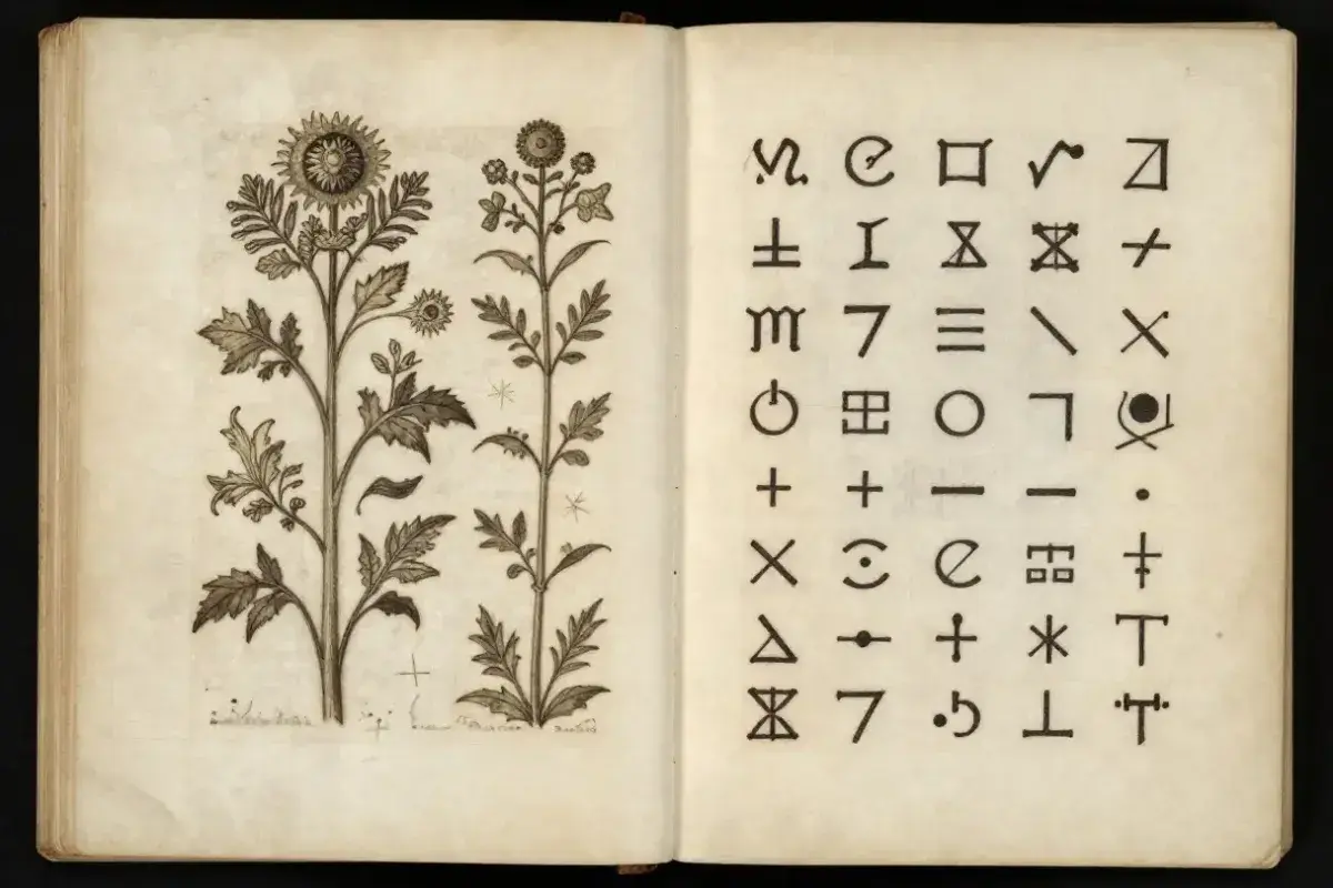 Voynich Manuscript illustration of unknown plants and cryptic text