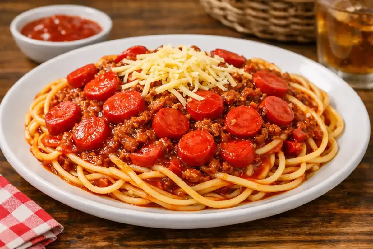 Filipino spaghetti with red hot dogs