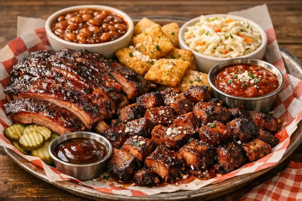 Kansas City barbecue platter with smoked meats and sauce