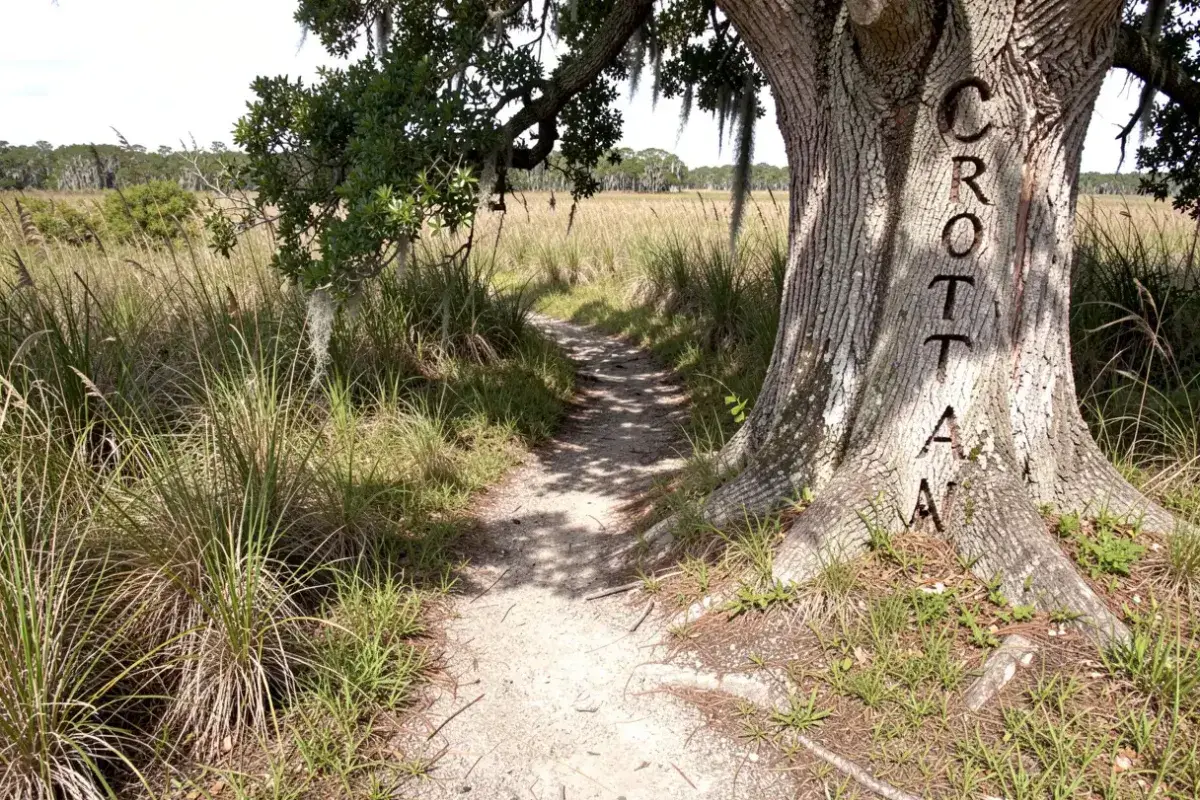 Roanoke Island with Croatoan tree marking