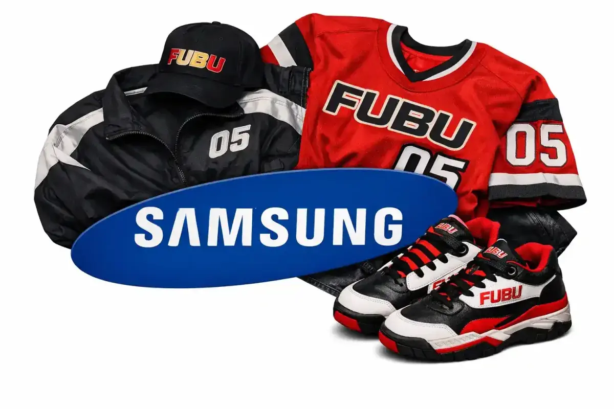 Samsung logo, early FUBU clothing samples on top of the logo
