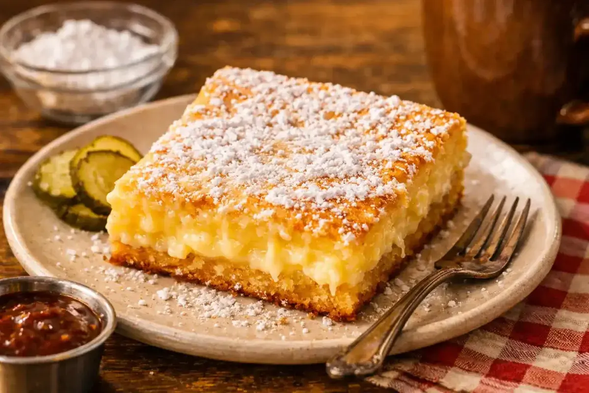 Gooey butter cake with soft texture and powdered sugar topping