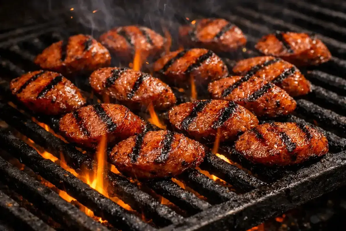 Conecuh sausage cooking on a grill with visible smoke and char