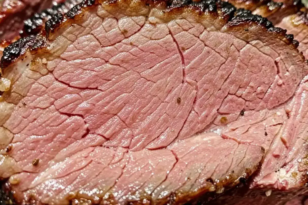 Sliced Texas brisket with visible smoke ring