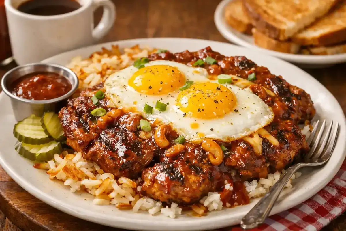 Hearty slinger breakfast with layered ingredients