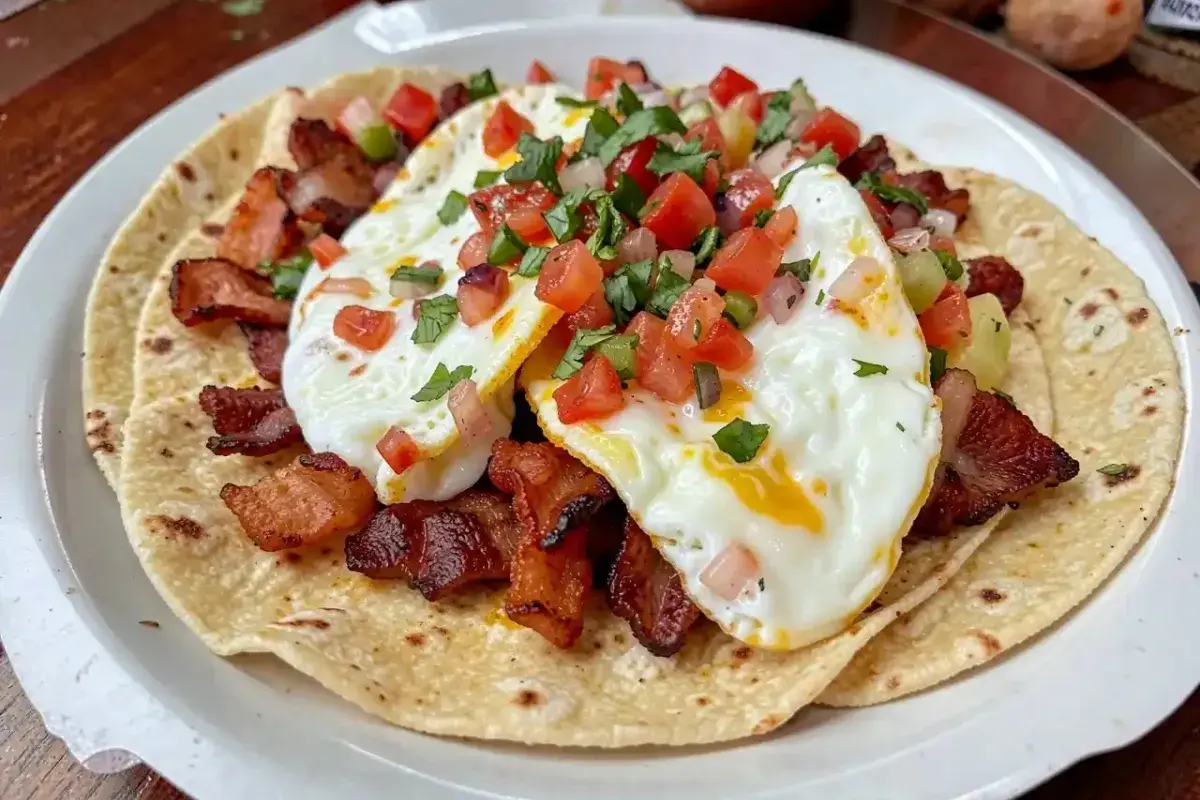 Texas breakfast tacos with eggs bacon and salsa