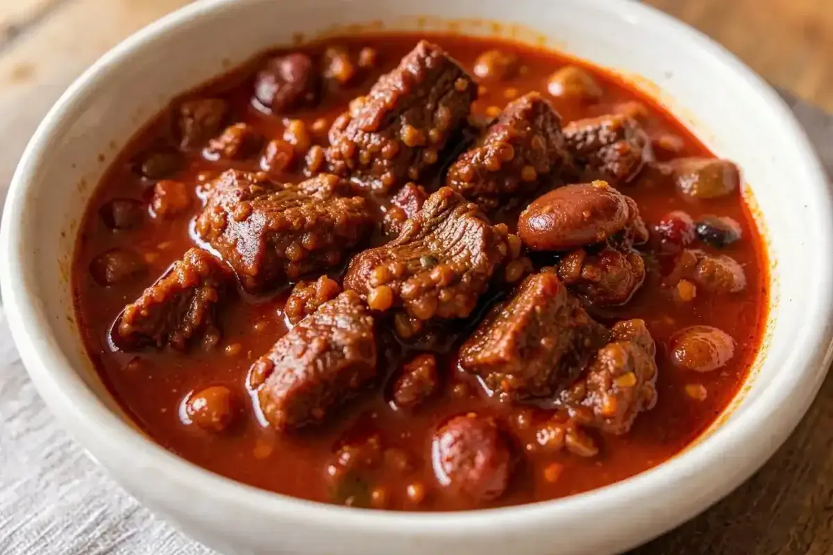 Texas chili con carne with rich red color and beef chunks